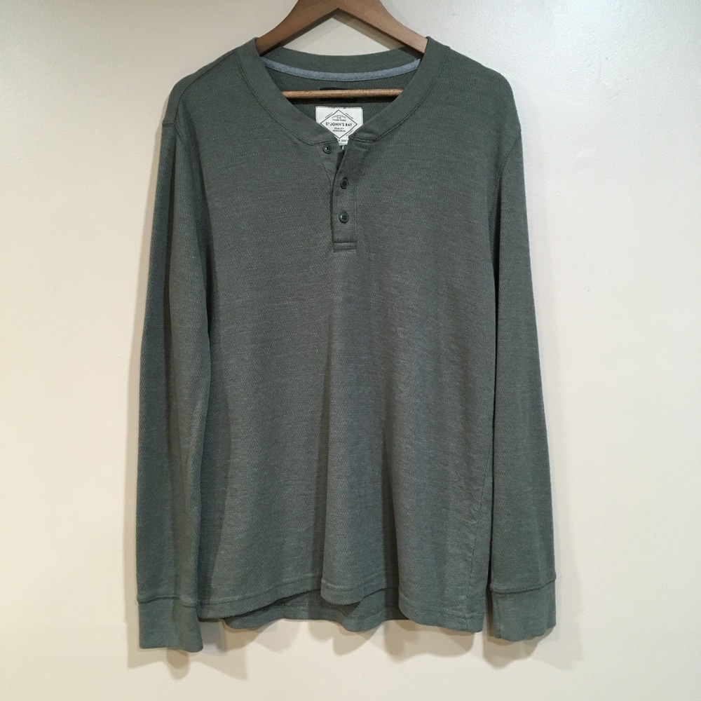 St Johns Bay Henley Shirt Mens L Olive Green Outdoor Rugged Casual Dexter Style